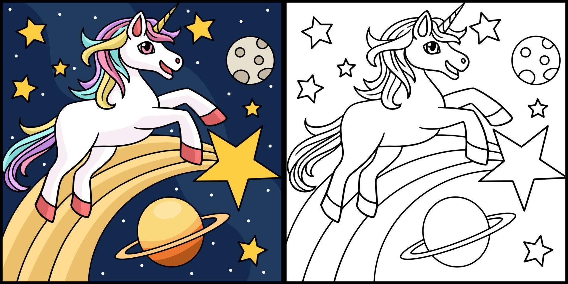 Unicorn Space Coloring Page Colored Illustration vector