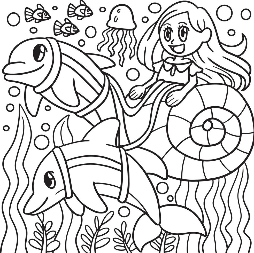 Mermaid Riding In A Seashell Carriage Coloring vector