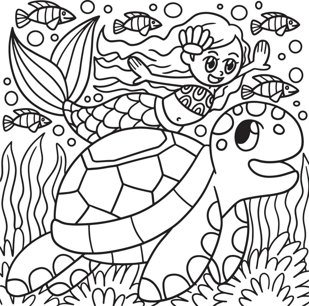 colorear sirena nadando con una tortuga vector