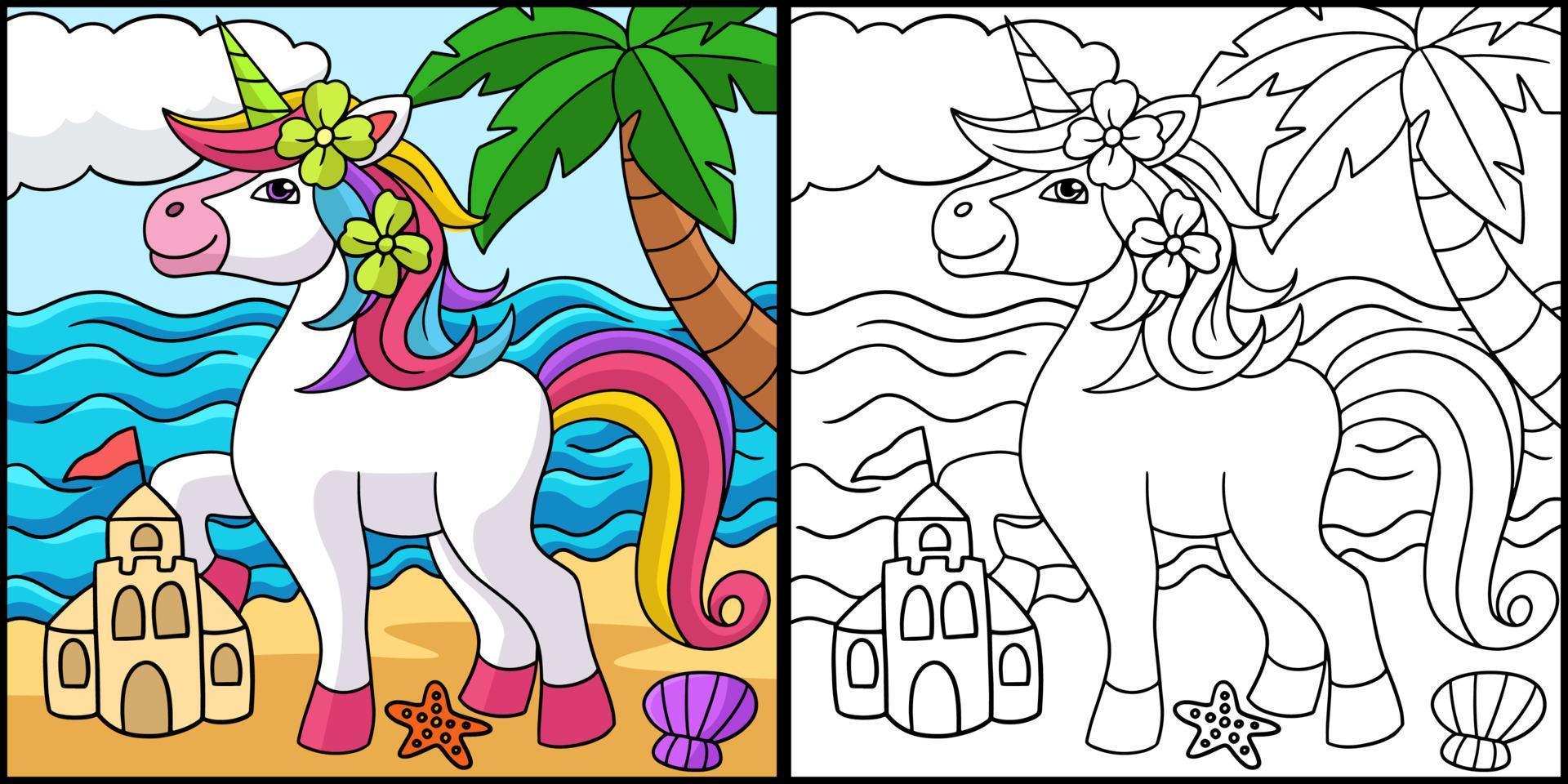 unicornio en la playa para colorear ilustración de la página vector