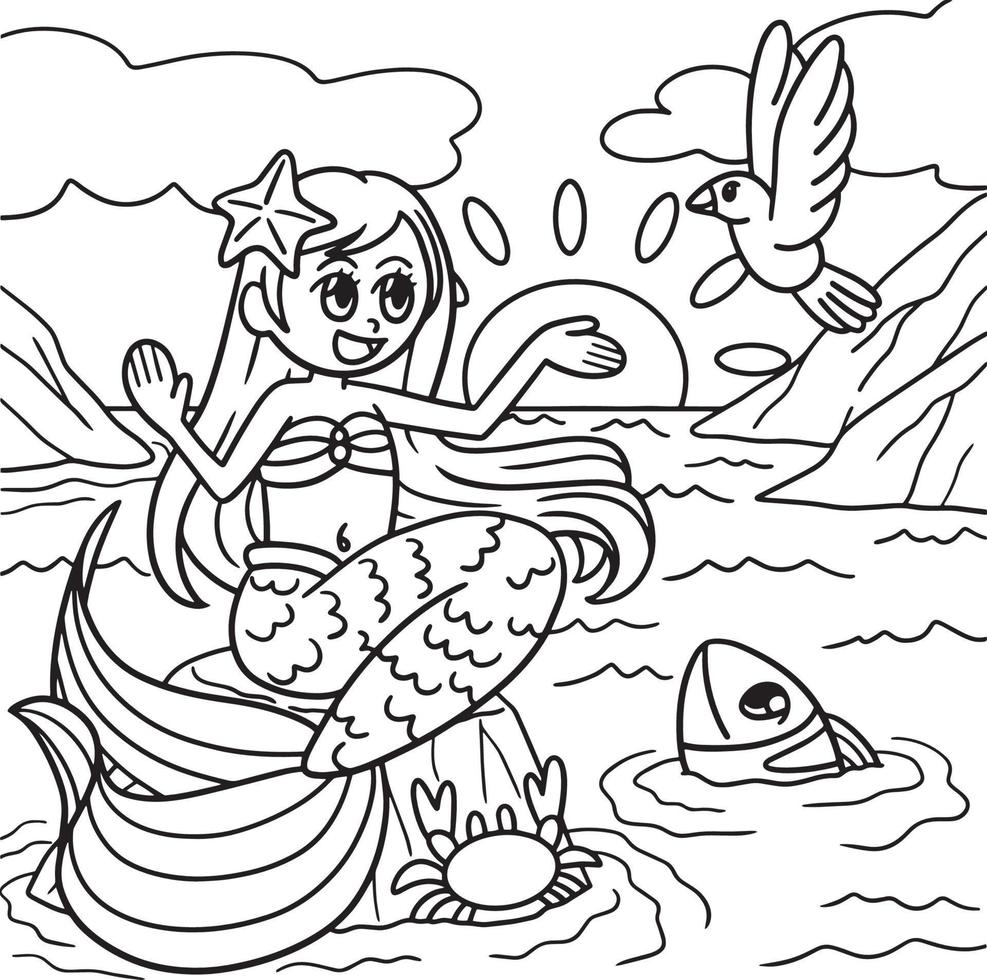 Mermaid Sitting On A Rock Coloring Page for Kids vector