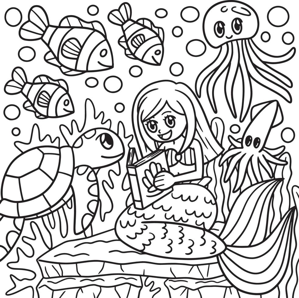Mermaid Reading A book Coloring Page for Kids vector