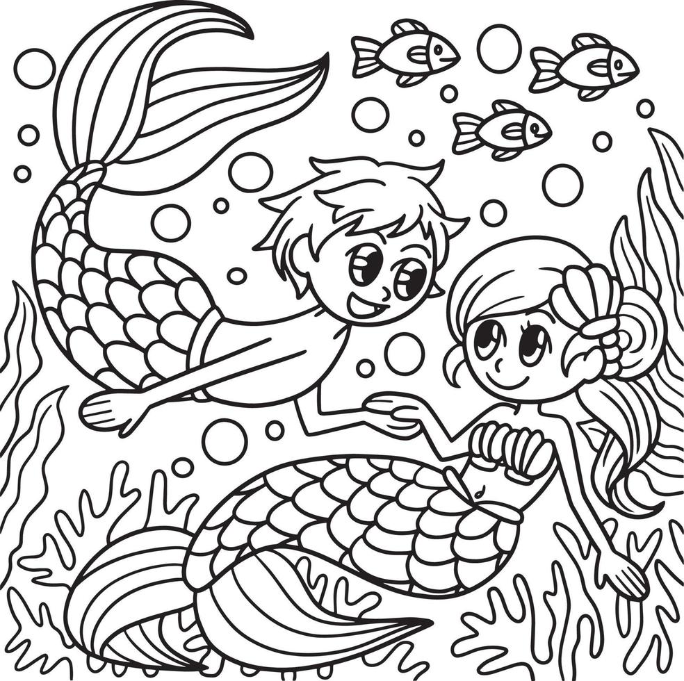 Mermaid And Merman Coloring Page for Kids vector