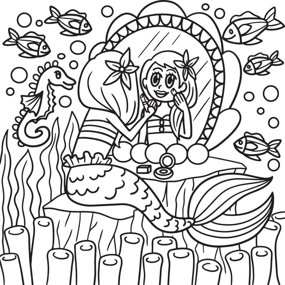 Mermaid Sitting In Front Of A Mirror Coloring Page vector