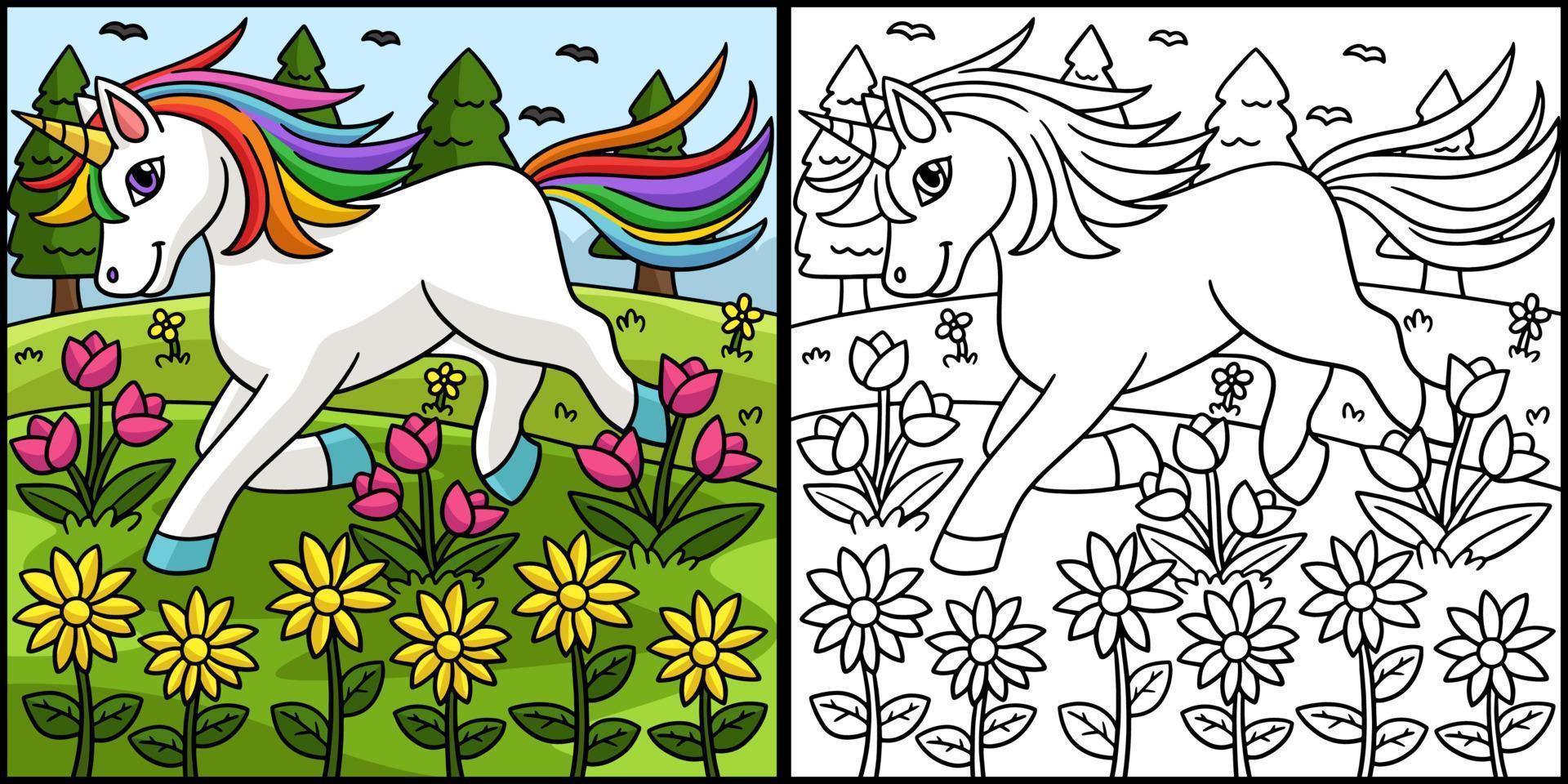 unicornio jugando en la ilustración del campo de flores vector