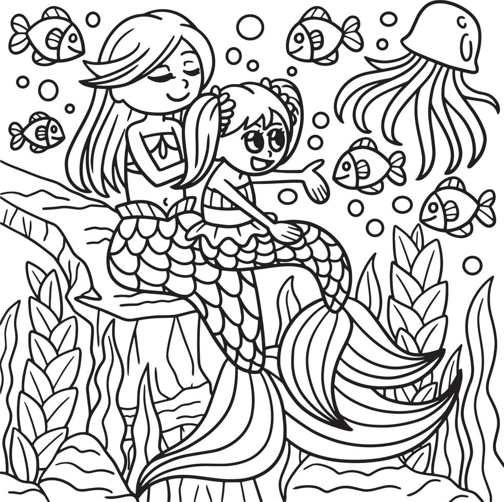 Mother And Daughter Mermaid Coloring Page vector