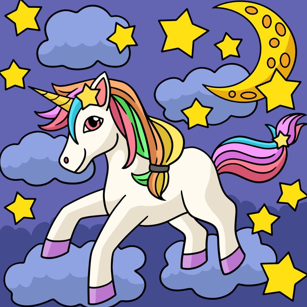 unicornio con nube estrella luna ilustración de dibujos animados vector