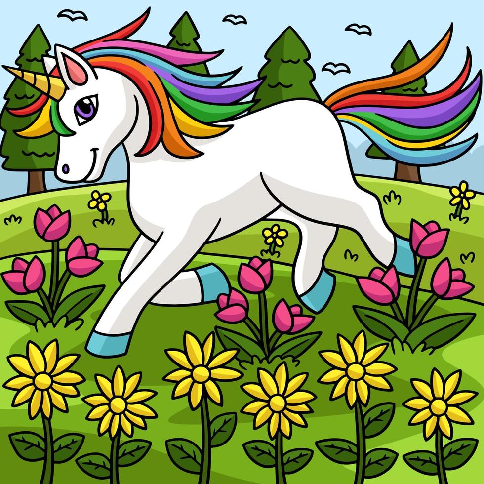 unicornio jugando en la ilustración del campo de flores vector