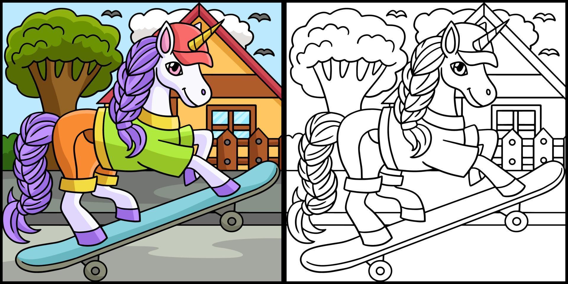 unicornio patinando página para colorear ilustración en color vector