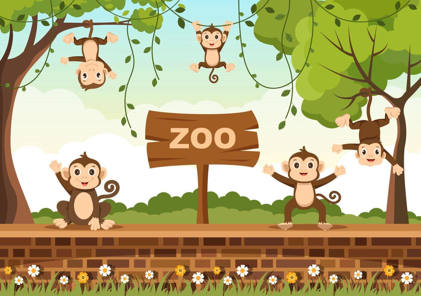 Zoo Cartoon Illustration with Safari Animals Monkey, Cage and Visitors on Territory on Forest Background Design vector