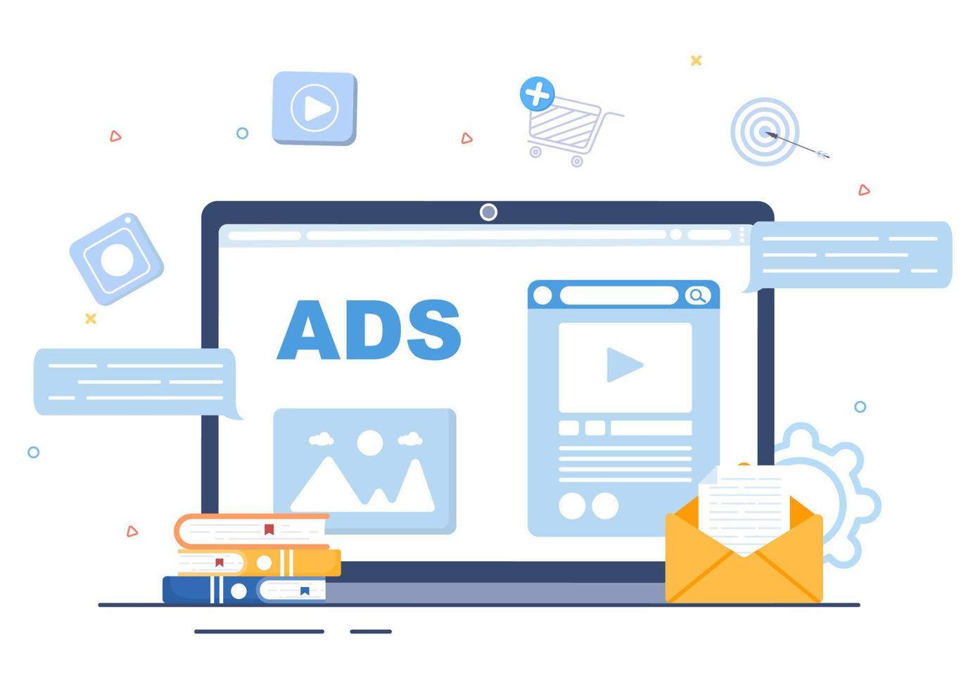 publicidad o ilustración vectorial de anuncios para redes sociales móviles, campaña, promoción comercial, marca y marketing digital en estilo de dibujos animados planos vector