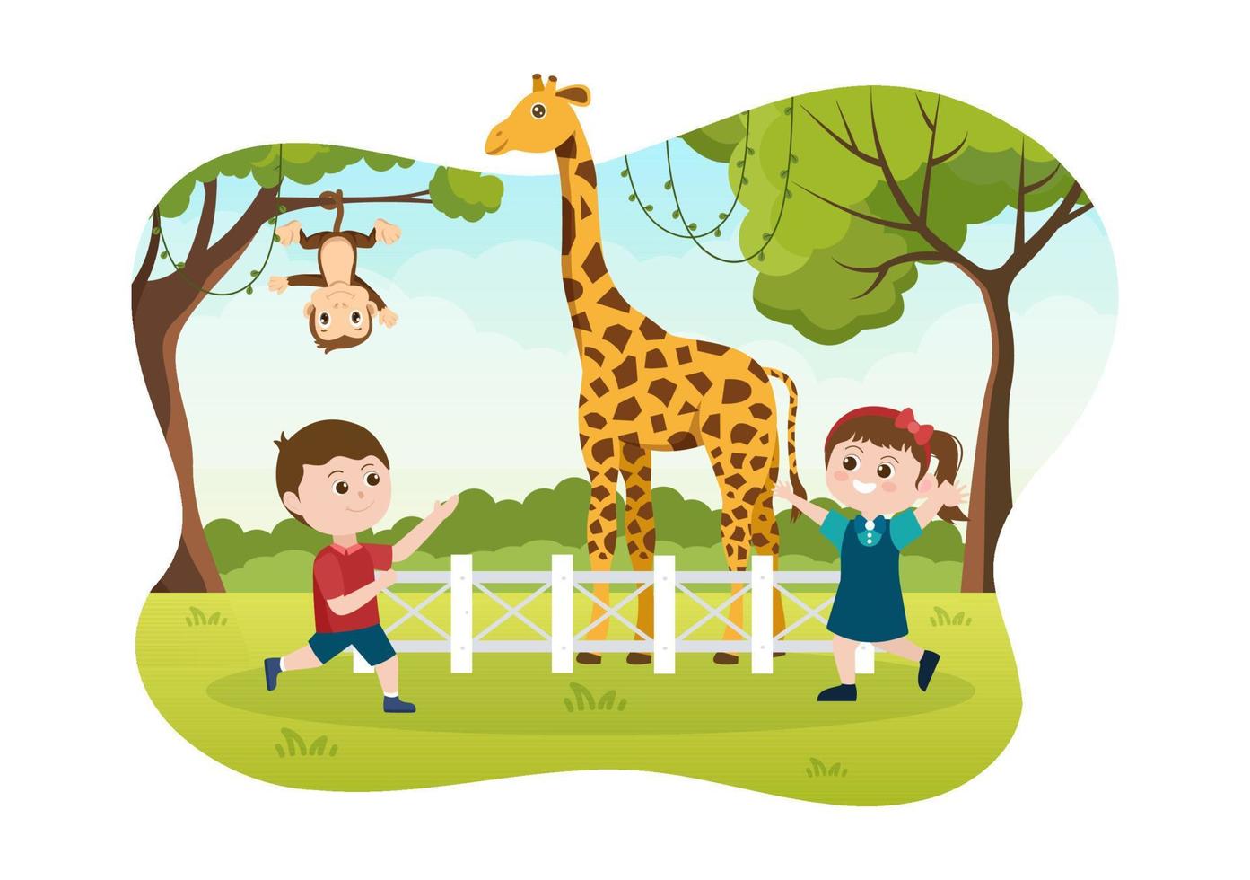 Zoo Cartoon Illustration with Safari Animals Giraffe, Cage and Visitors on Territory on Forest Background Design vector