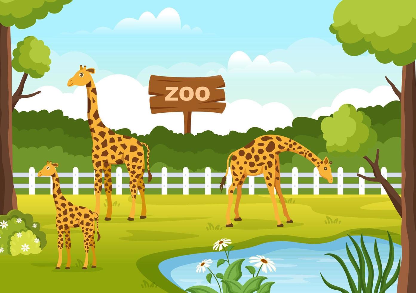 Zoo Cartoon Illustration with Safari Animals Giraffe, Cage and Visitors on Territory on Forest Background Design vector