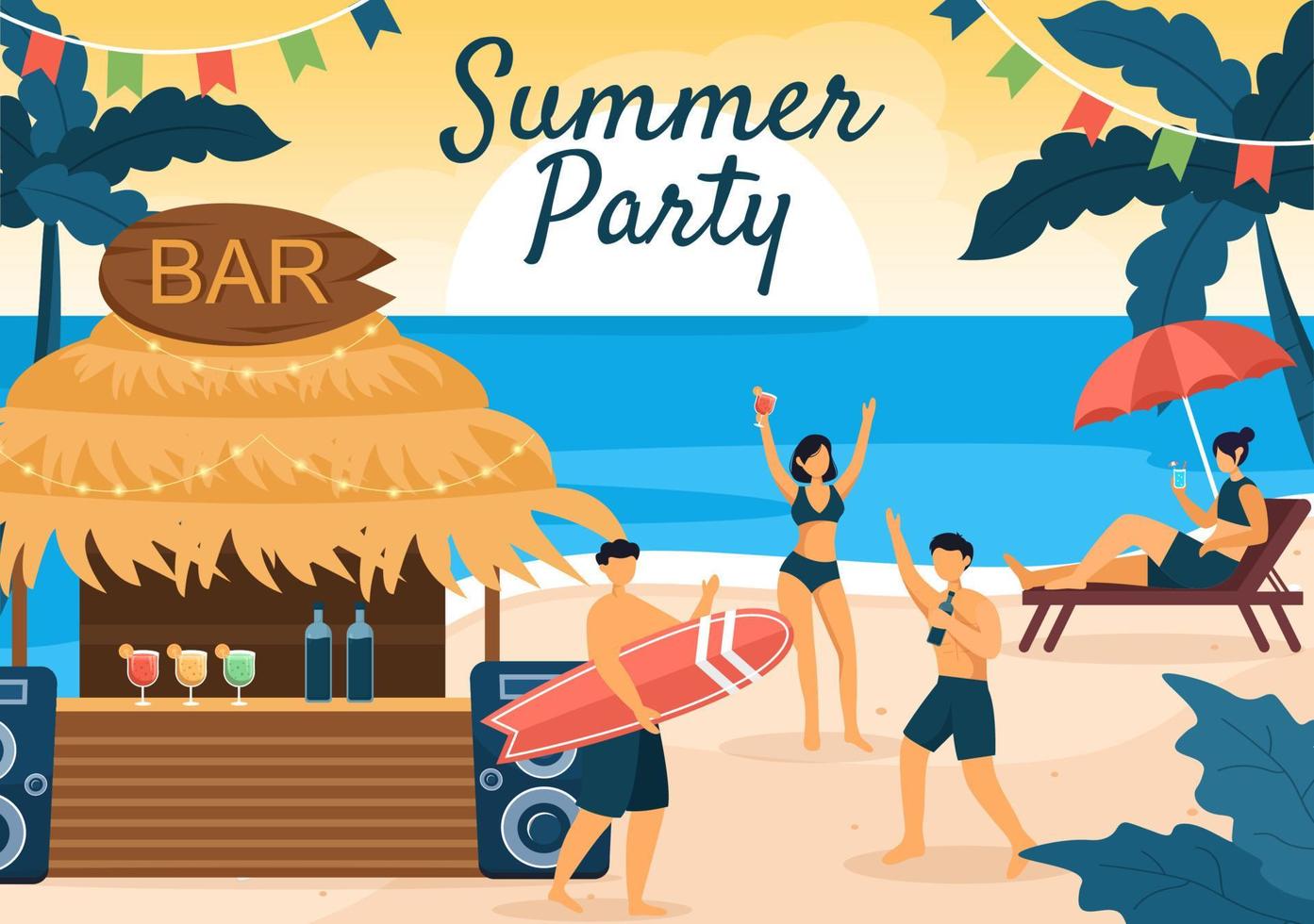 Summer Party Cartoon Background Illustration with Tropical Plants, Equipment on the Beach for Poster or Greeting Card Design vector