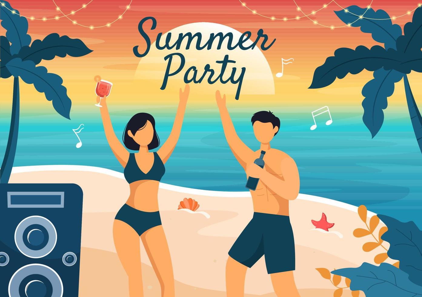 ilustración de fondo de dibujos animados de fiesta de verano con plantas tropicales, equipo en la playa para el diseño de carteles o tarjetas de felicitación vector
