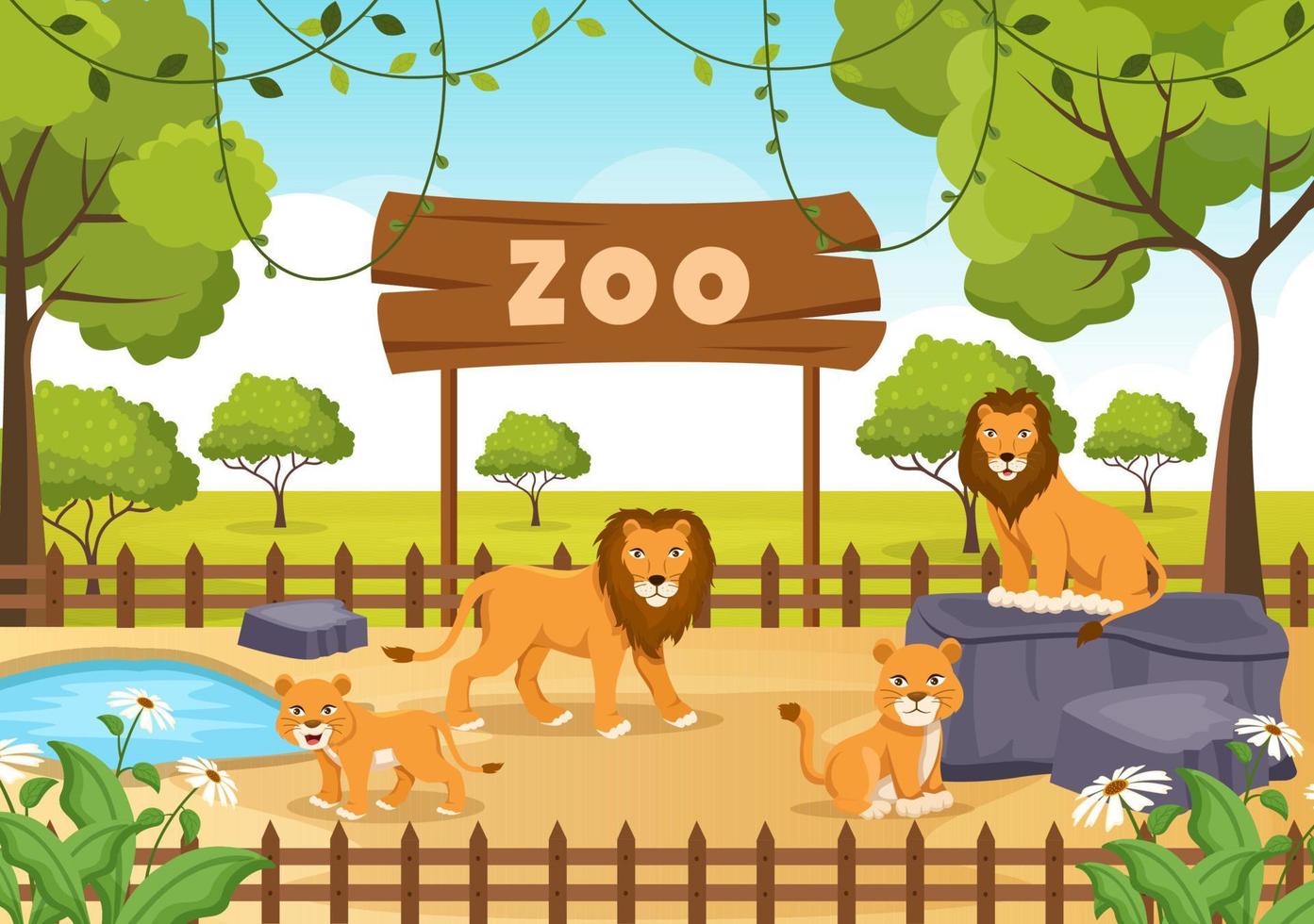 ilustración de dibujos animados del zoológico con animales de safari león, tigre, jaula y visitantes en el territorio en el diseño de fondo del bosque vector