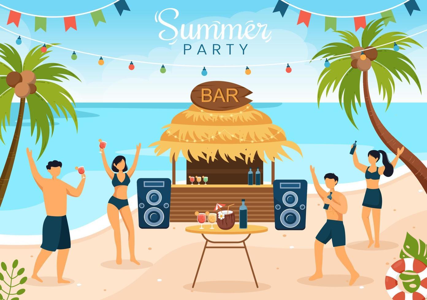 Summer Party Cartoon Background Illustration with Tropical Plants, Equipment on the Beach for Poster or Greeting Card Design vector