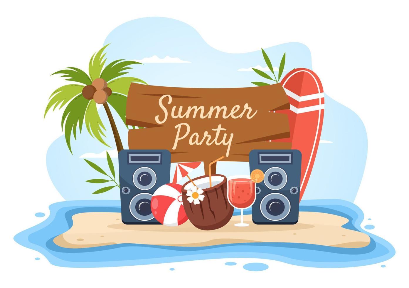 Summer Party Cartoon Background Illustration with Tropical Plants, Equipment on the Beach for Poster or Greeting Card Design vector