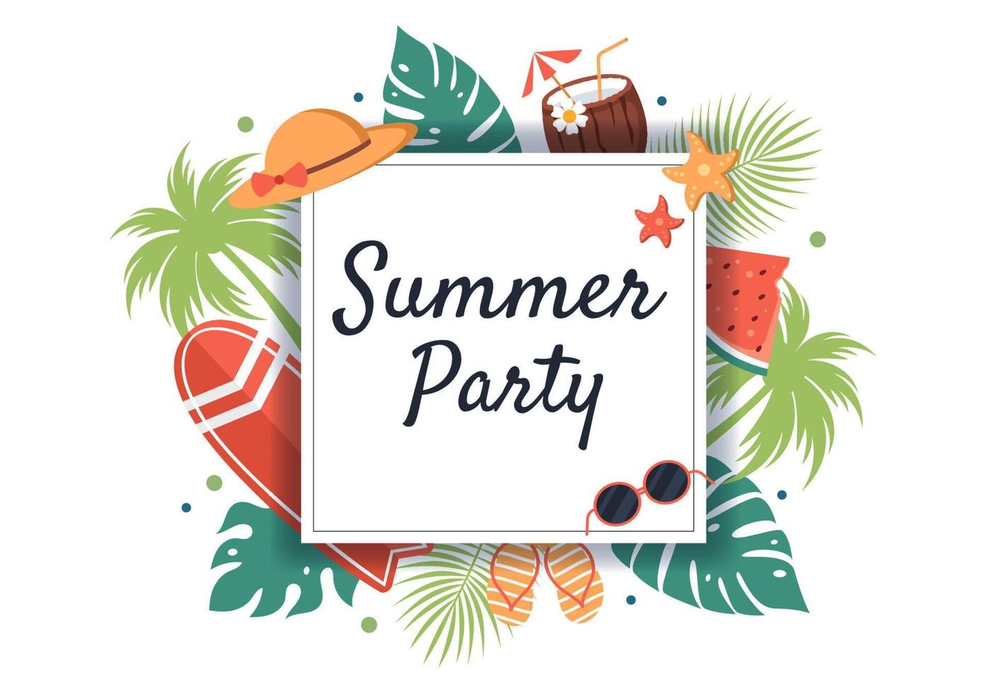 Summer Party Cartoon Background Illustration with Tropical Plants, Equipment on the Beach for Poster or Greeting Card Design vector