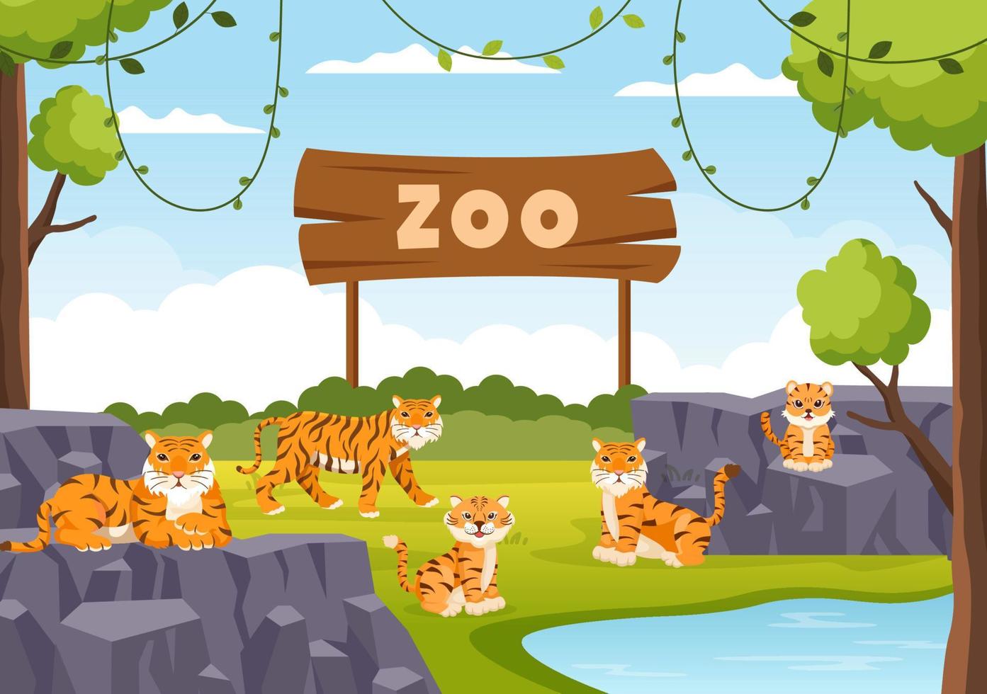 Zoo Cartoon Illustration with Safari Animals Lion, Tiger, Cage and Visitors on Territory on Forest Background Design vector