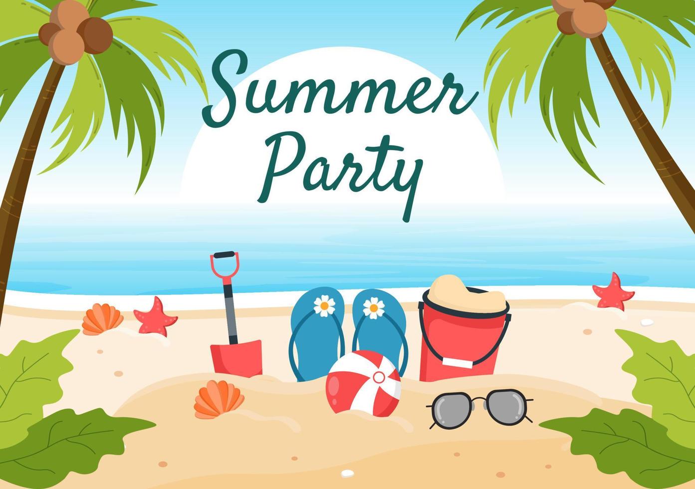 Summer Party Cartoon Background Illustration with Tropical Plants, Equipment on the Beach for Poster or Greeting Card Design vector