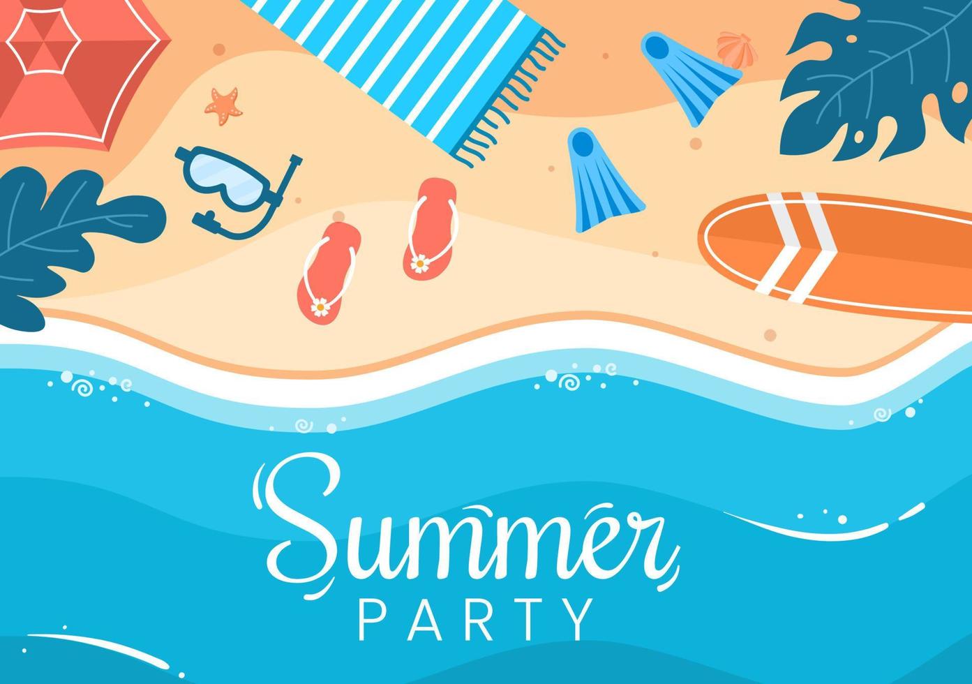 Summer Party Cartoon Background Illustration with Tropical Plants, Equipment on the Beach for Poster or Greeting Card Design vector