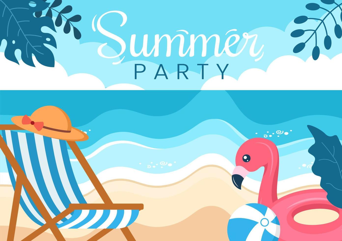 Summer Party Cartoon Background Illustration with Tropical Plants, Equipment on the Beach for Poster or Greeting Card Design vector