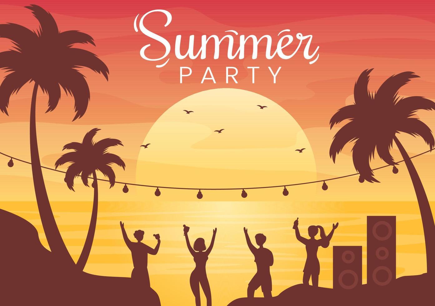 Summer Party Cartoon Background Illustration with Tropical Plants, Equipment on the Beach for Poster or Greeting Card Design vector