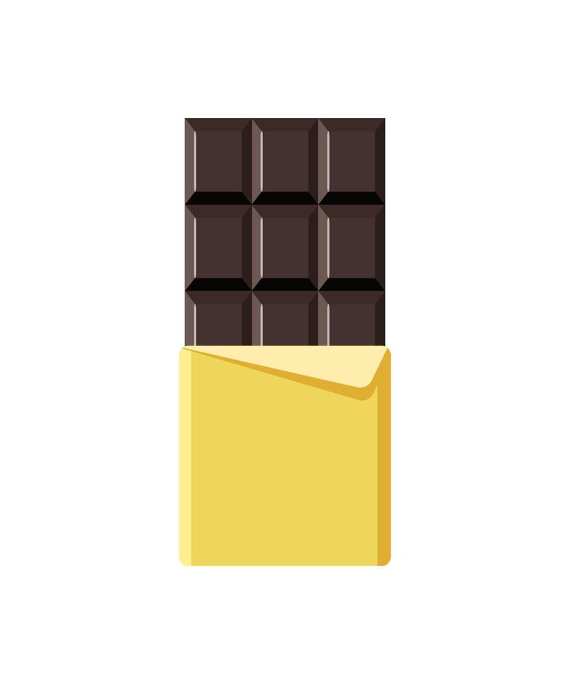 Chocolate bar icon. Open tasty bitter chocolate in foil packaging. Flat dessert and sweet. Vector illustration in cartoon style.