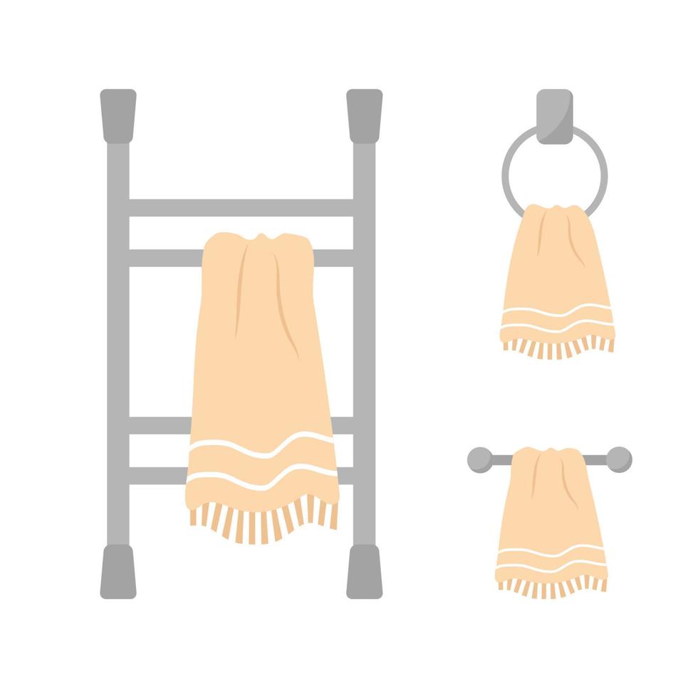 Heated towel rail set. Equipments with hand drawn towels for bathroom. vector