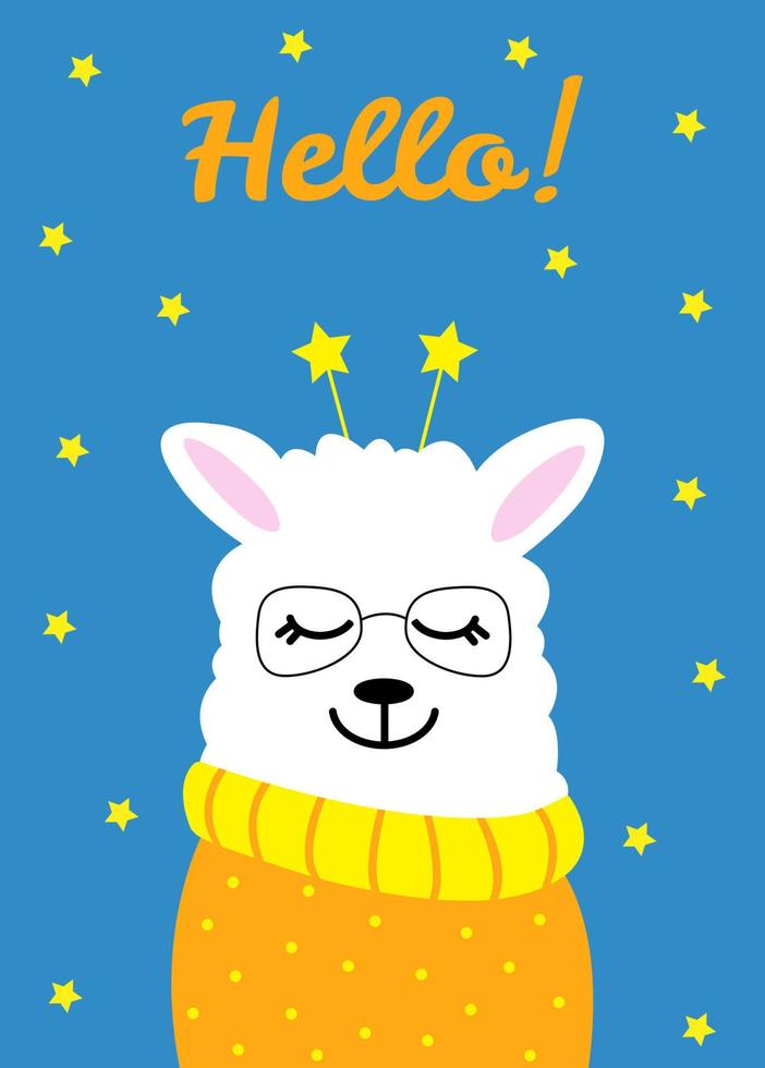 Cute white llama on blue background. Postcard or poster design. vector