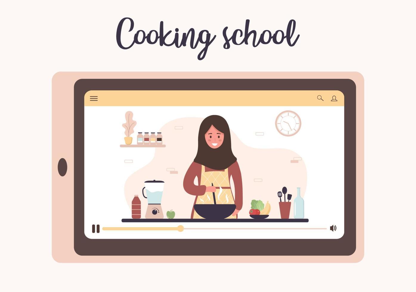 Cooking school. Online culinary master class. Arab girl in hijab preparing homemade meals for lunch or dinner. The chef teaches to cook. Learning at home. Flat cartoon vector illustration.