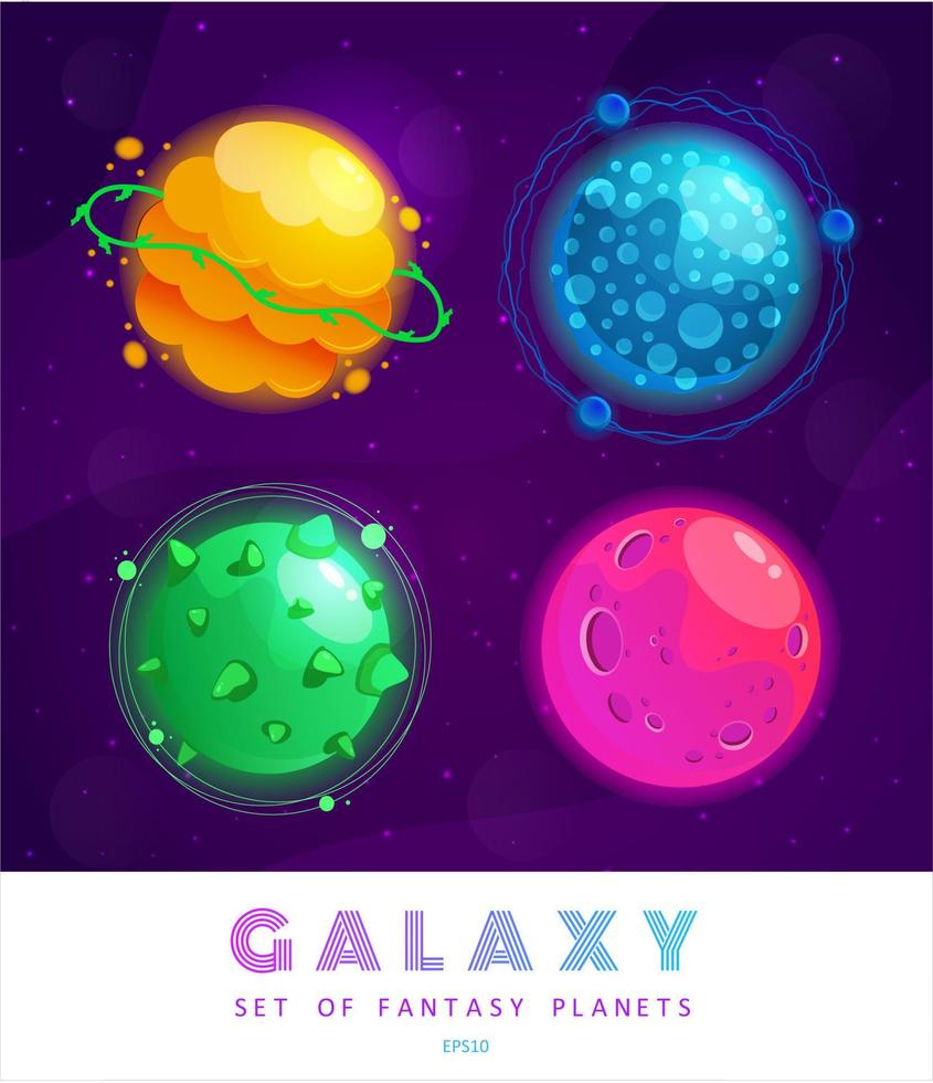 conjunto de vectores de planetas de dibujos animados. colorido conjunto de objetos aislados. fondo del espacio. planetas de fantasia. universo colorido. Diseño de juego. planetas espaciales de fantasía para el juego ui galaxy. eps 10.