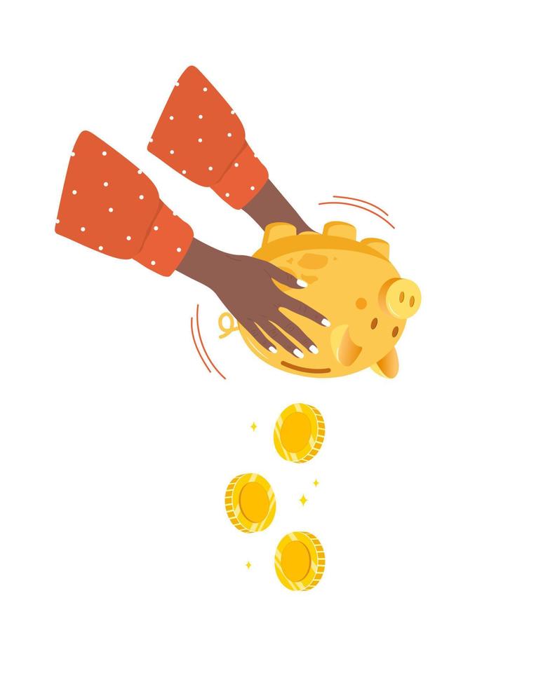 hucha de oro con monedas de oro que caen. manos femeninas africanas sacudiendo la caja de monedas. concepto de gasto de dinero. símbolo financiero. servicios bancarios o comerciales. ilustración vectorial en estilo de dibujos animados plana vector