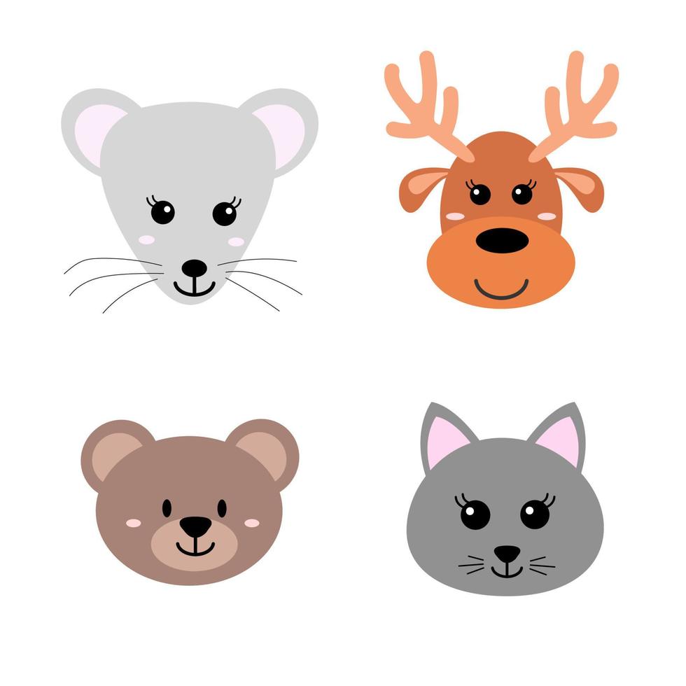 Set of cute hand drawn smiling animals - mouse, deer, bear and cat. Cartoon zoo. Vector illustration. Animals for the design of children's products in scandinavian style.