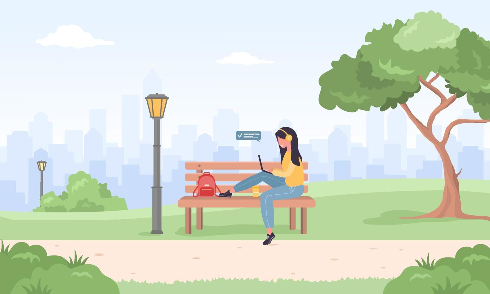 mujer independiente. chica con laptop sentada en un banco en el parque. ilustración conceptual para trabajar al aire libre, estudiar, comunicarse, un estilo de vida saludable. ilustración vectorial en estilo plano. vector