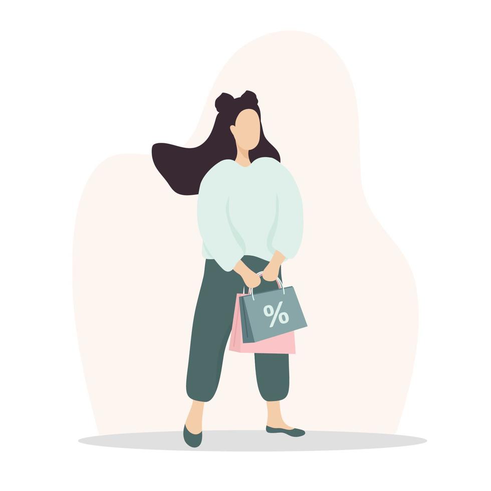 mujer de compras. niña feliz cargando bolsas. ilustración de dibujos animados de vector aislado sobre fondo blanco. plantilla de promoción y venta.