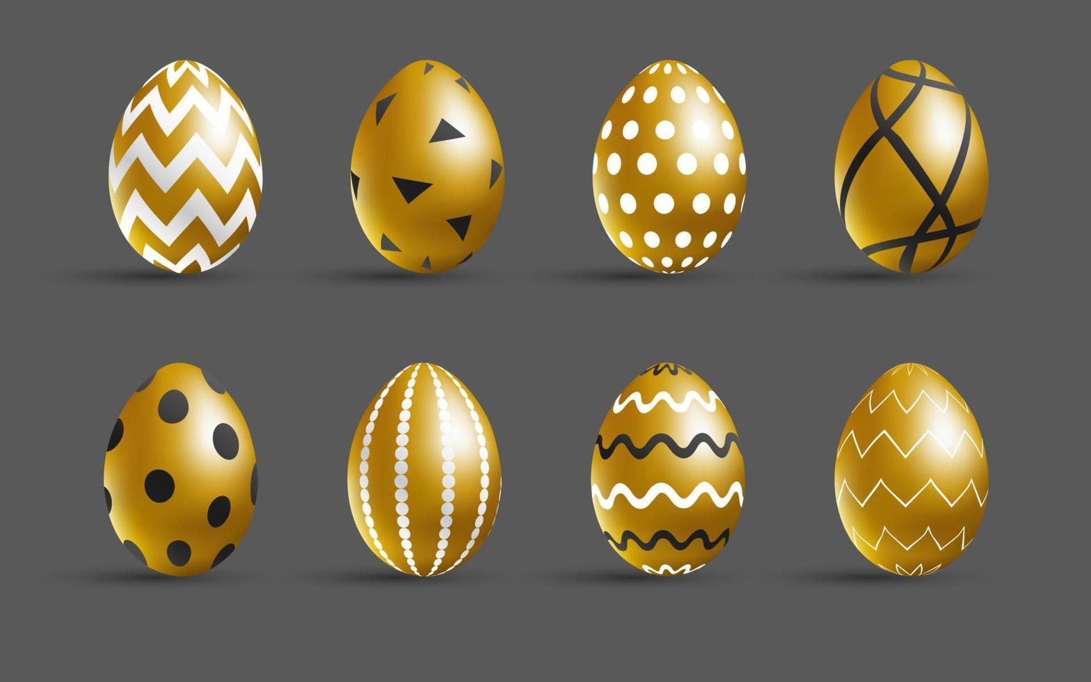 Easter golden eggs set. Luxury eggs with different black and white ornament. Spring holiday. Realistic vector illustration. For greeting card, promotion, poster, flyer, web banner, social media