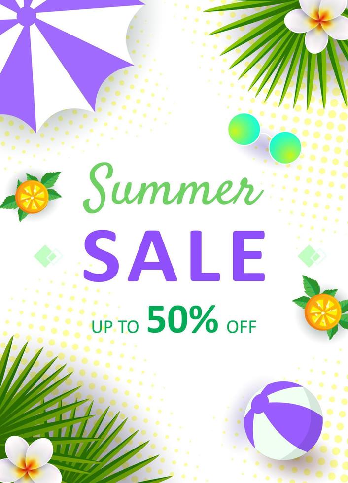 Summer Sale banner, hot season discount poster with tropical leaves, ice cream, watermelon and sunglasses. Invitation for shopping with 50 percent off. Special offer card, template for design. vector
