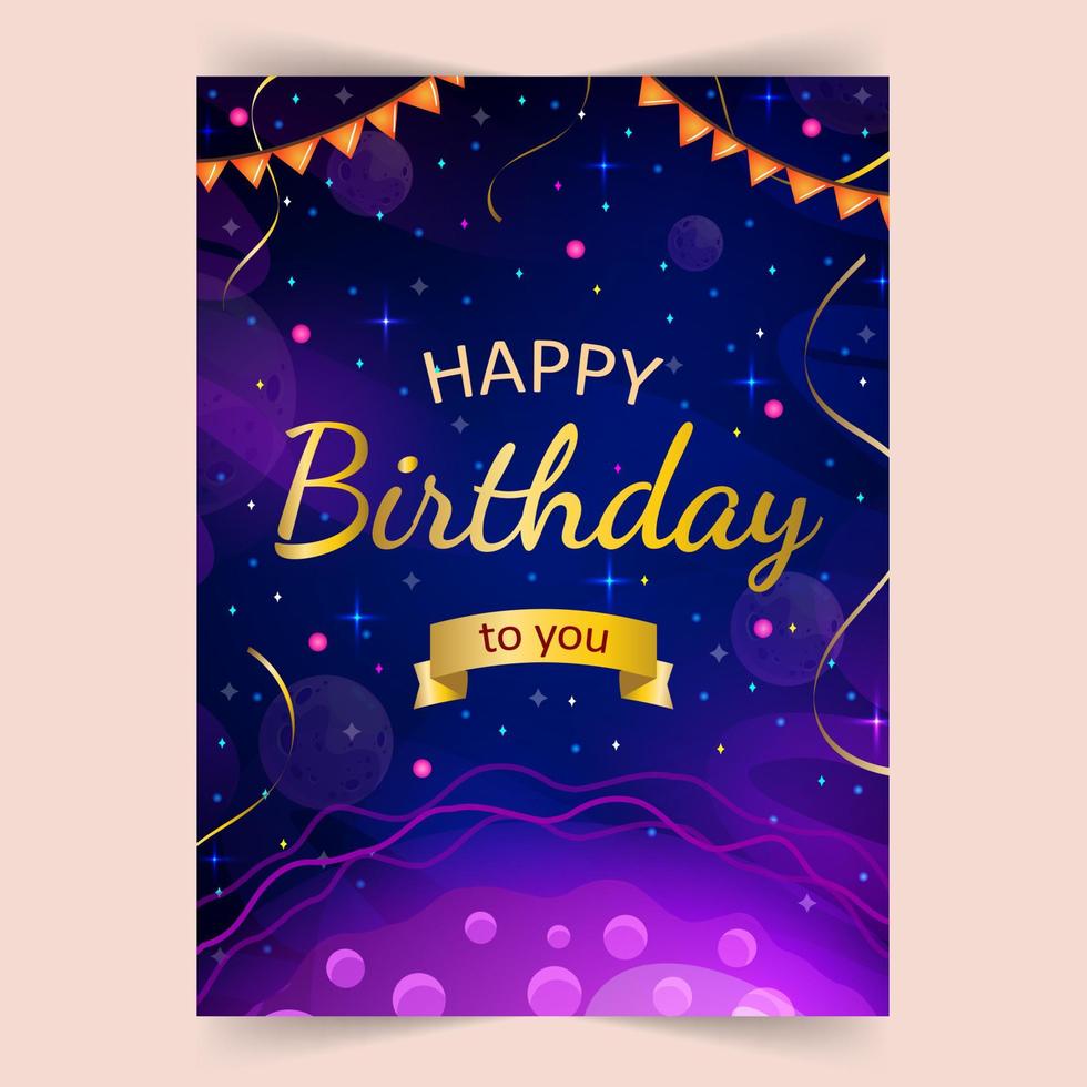 Happy Birthday. Space and universe background with realistic golden serpentine and cute planets. Typography design for greeting card, poster or banner. Vector illustration.