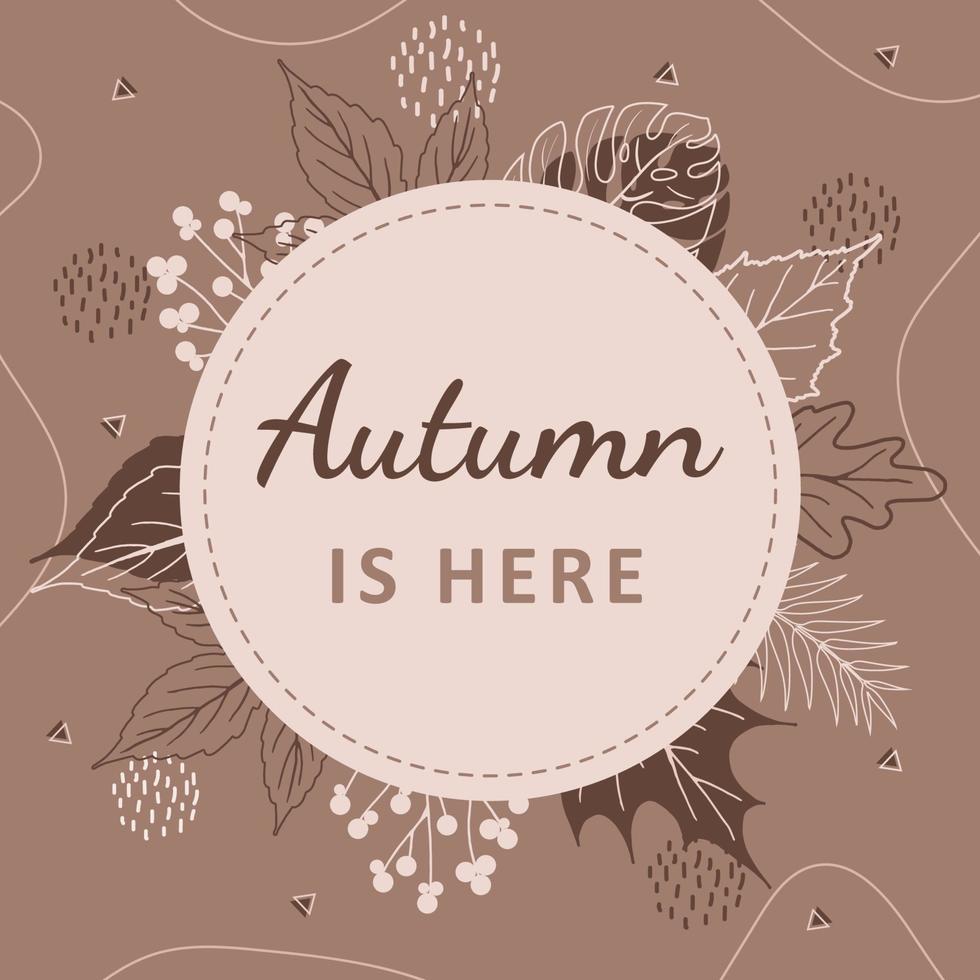 Autumn background with abstract elements, geometric shapes, plants and leaves in one line style. For mobile app page, web design, invitations, postcards. Vector minimalistic illustration.