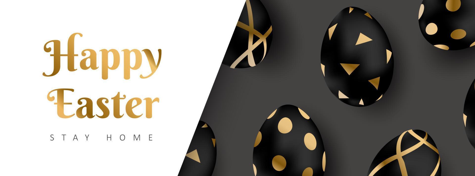 Happy Easter horizontal banner. Stay at home. Luxury background with black and gold realistic eggs. Vector illustration