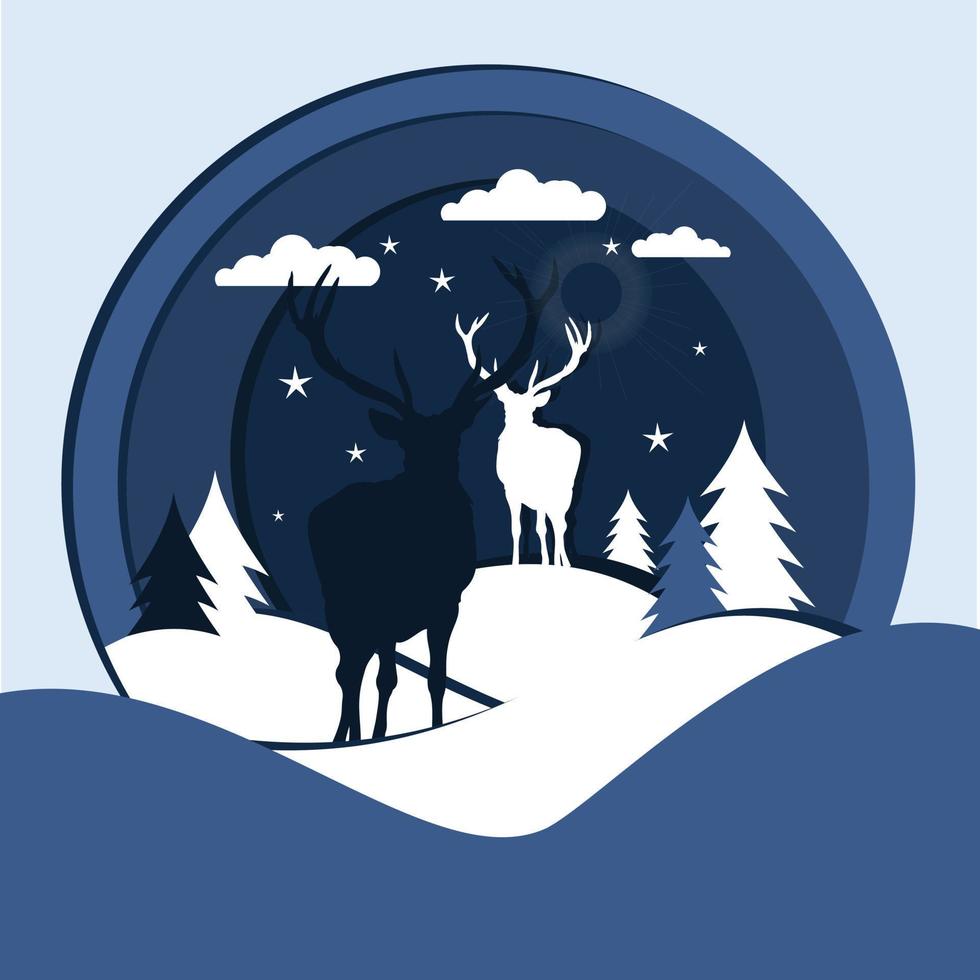 A cute background two deers on the hills .snow falls .little stars vector