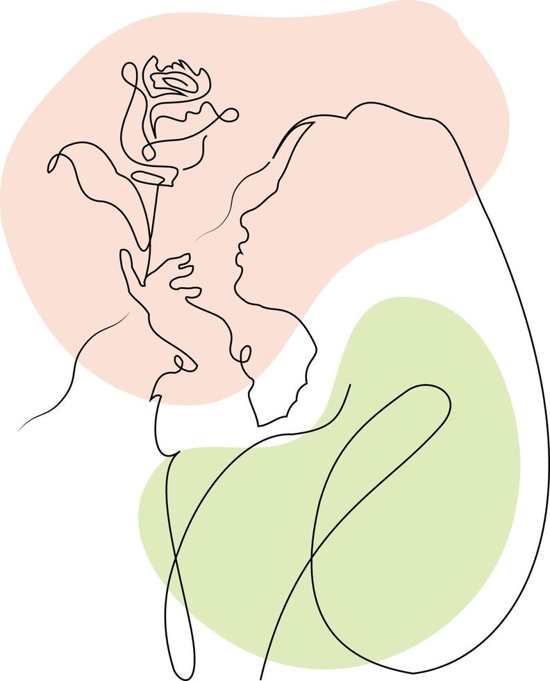 Nice wallpaper girl holding a flower in her hand in line art way with background of colorful random shapes vector