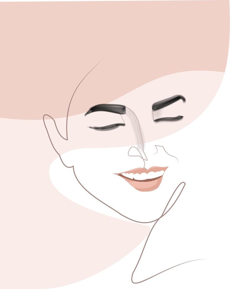 Face of a beautiful girl smiling while her eyes closed in art line way vector