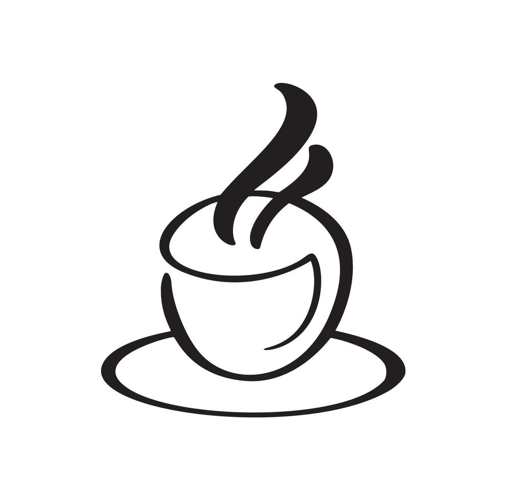 café de caligrafía vectorial o taza de té en el platillo. ilustración caligráfica en blanco y negro. diseño dibujado a mano para logotipo, cafetería icono, menú, material textil vector