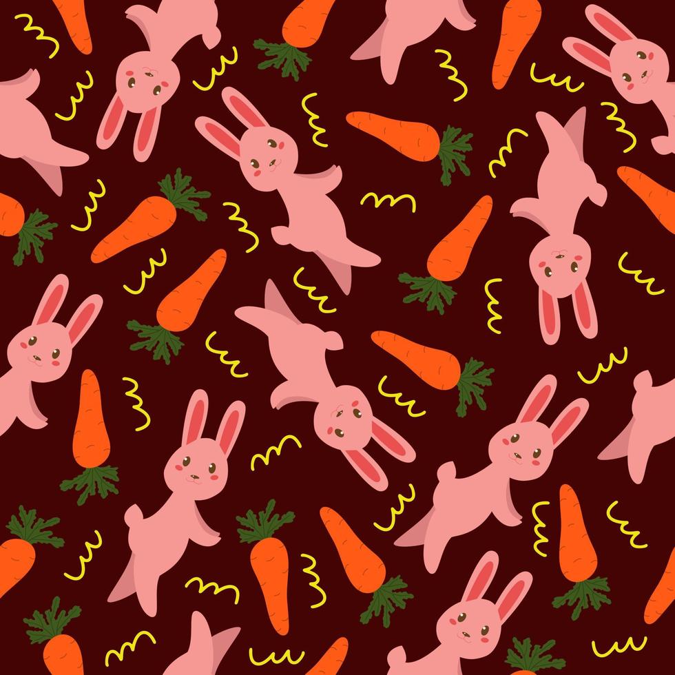 Seamless holiday pattern with cute cartoon bunny and carrot. vector