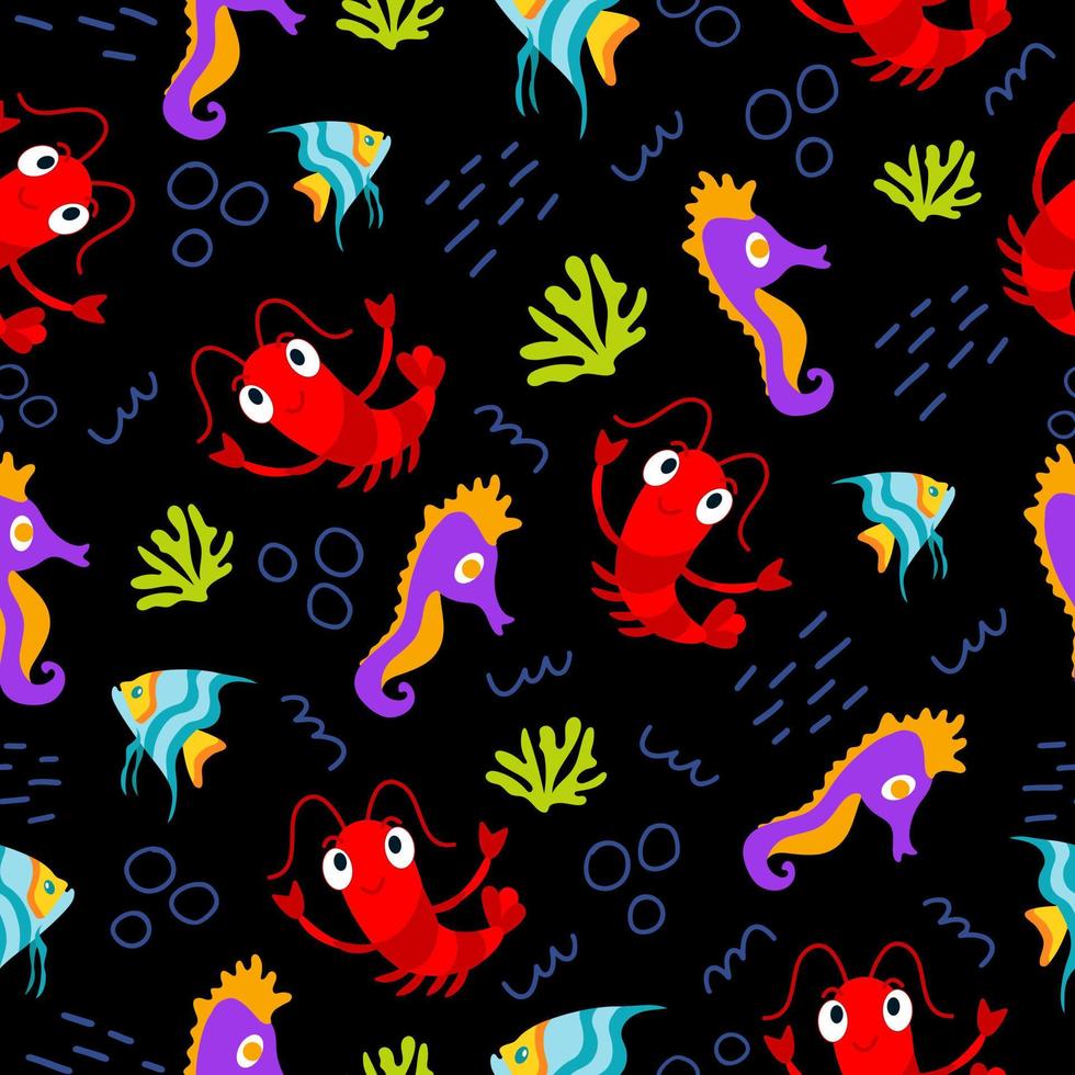Sea seamless pattern with cute cartoon animals such as shrimp, seahorse and fish. vector