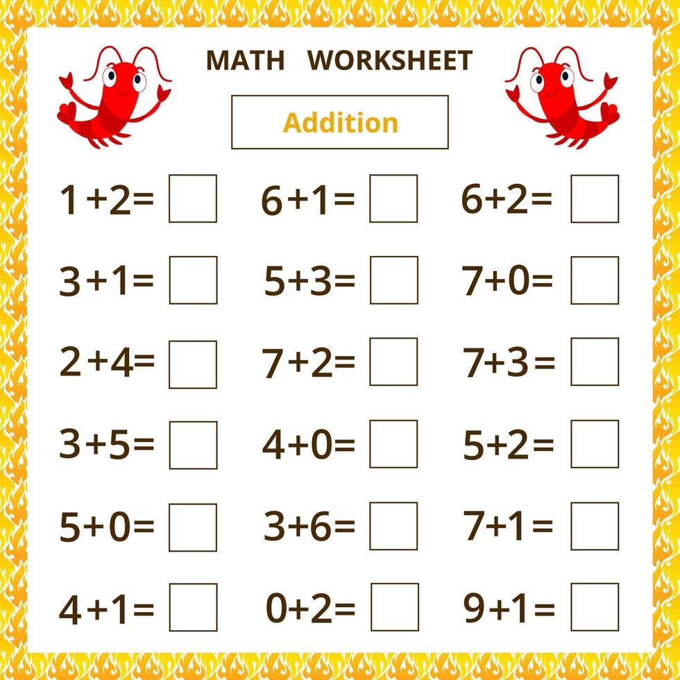 Math worksheet with cute cartoon shrimp.Addition vector