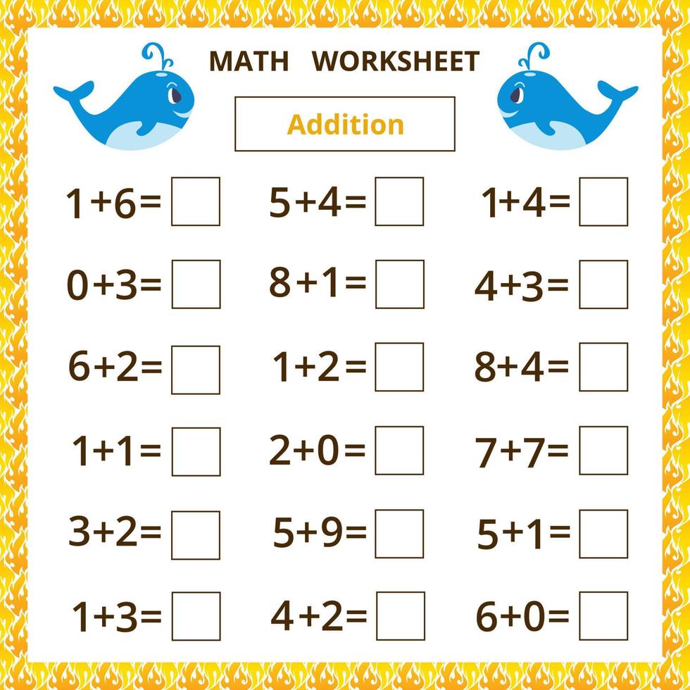 Math worksheet with cute cartoon whale.Addition vector